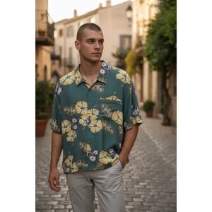 Tommy Bahama‎ Mens Silk Aloha Shirt XL Green Floral Tropical Short Sleeve